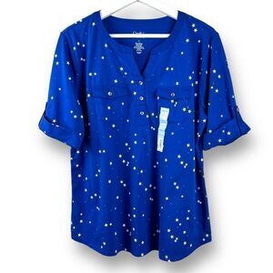 Croft & Barrow Womens L Popover Blouse Royal Blue Star Print Celestial Whimsical